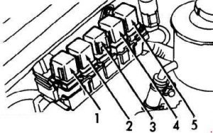 Rozmístění relé motorového prostoru na pravém blatníku pro modely M/T 1990-1993.