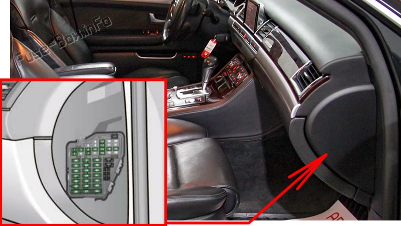 Umístění pravého bloku pojistek v kabině Audi A8/S8.