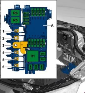 Pojistky v elektronické desce H -SH- s přemostěnou pojistkou 5.