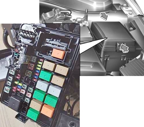 Hlavní pojistková skříňka umístěná v motorovém prostoru vedle baterie.