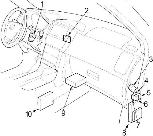 Pohled na pojistkový panel v kabině Honda Pilot, pojistka č. 3.