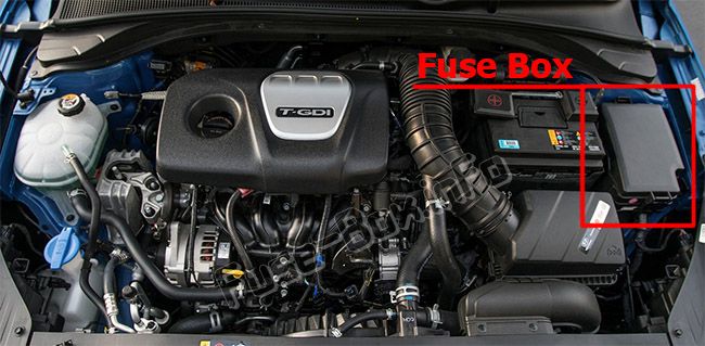 Pojistková skříňka v motorovém prostoru Hyundai Elantra GT.