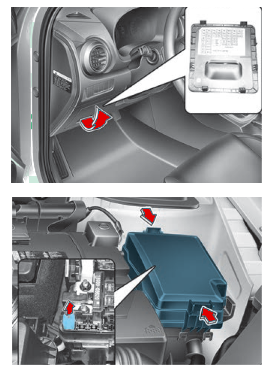 Umístění pojistkové skříně v interiéru Hyundai Kona I (2017-2021).