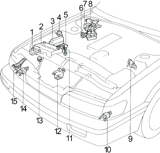 Detailní záběr na motorový prostor automobilu z let 1990-1992.