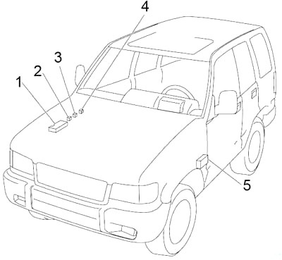 Schéma pojistek a relé pro Isuzu Trooper modely 1991-2002.