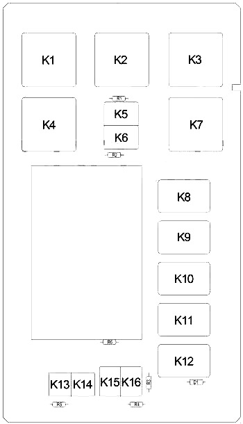 Zadní pohled na schéma pojistkové skříňky v kabině vozidla.