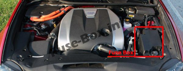 Umístění pojistkové skříňky v motorovém prostoru Lexus GS450h (levá strana).