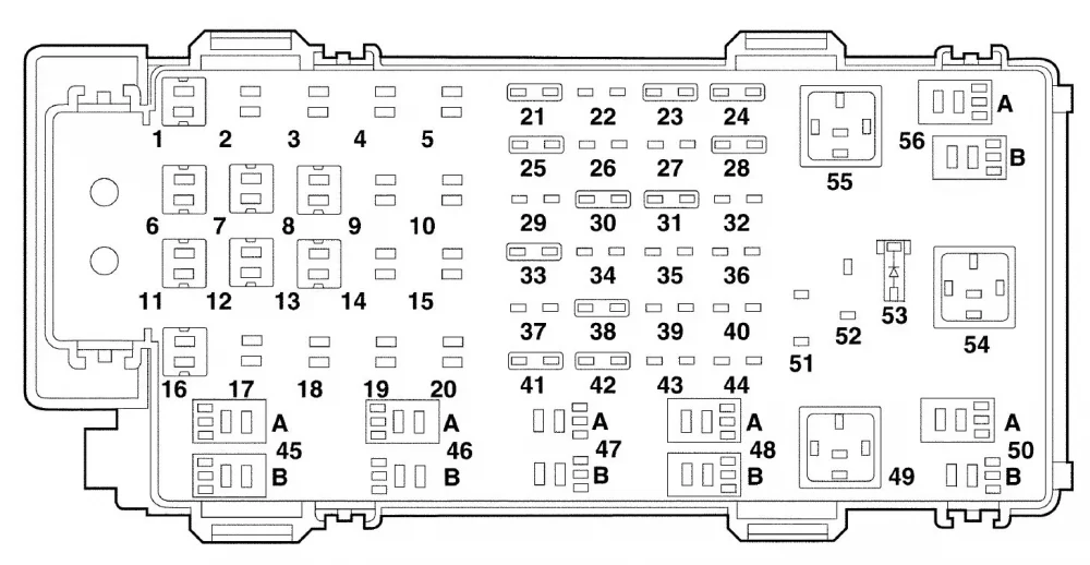Blok pojistek umístěný v motorovém prostoru vozidla z roku 2001.