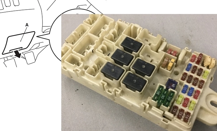 Detailní pohled na umístění pojistkové skříňky v kabině.
