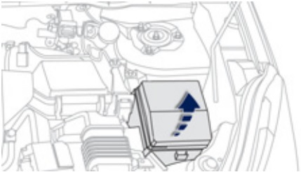 Poloha pojistkové skříňky Peugeot 4008 (2012-2017) v motorovém prostoru.