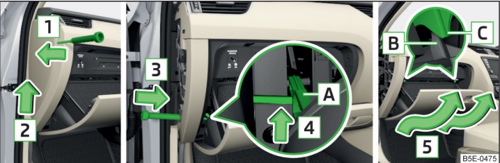 Detailní schéma pojistek Škoda Octavia (2017-2019) pro vozy s volantem vpravo.