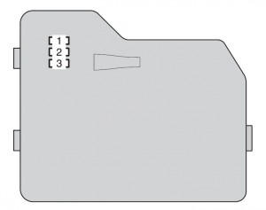 Blok pojistek typu A na zadní straně krytu v Toyota Highlander Hybrid (2008).