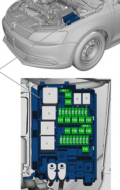 Pojistková skříňka v motorovém prostoru vedle baterie, zakrytá ochranou.