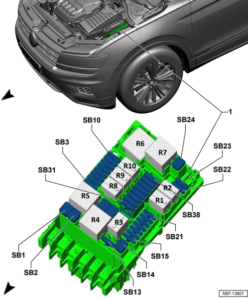 Pohled na pojistkovou skříňku v levé části motorového prostoru vozidla.